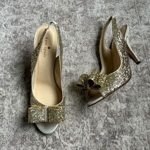 *SOLD* Kate Spade Gold Glitter Charm Bow Heels